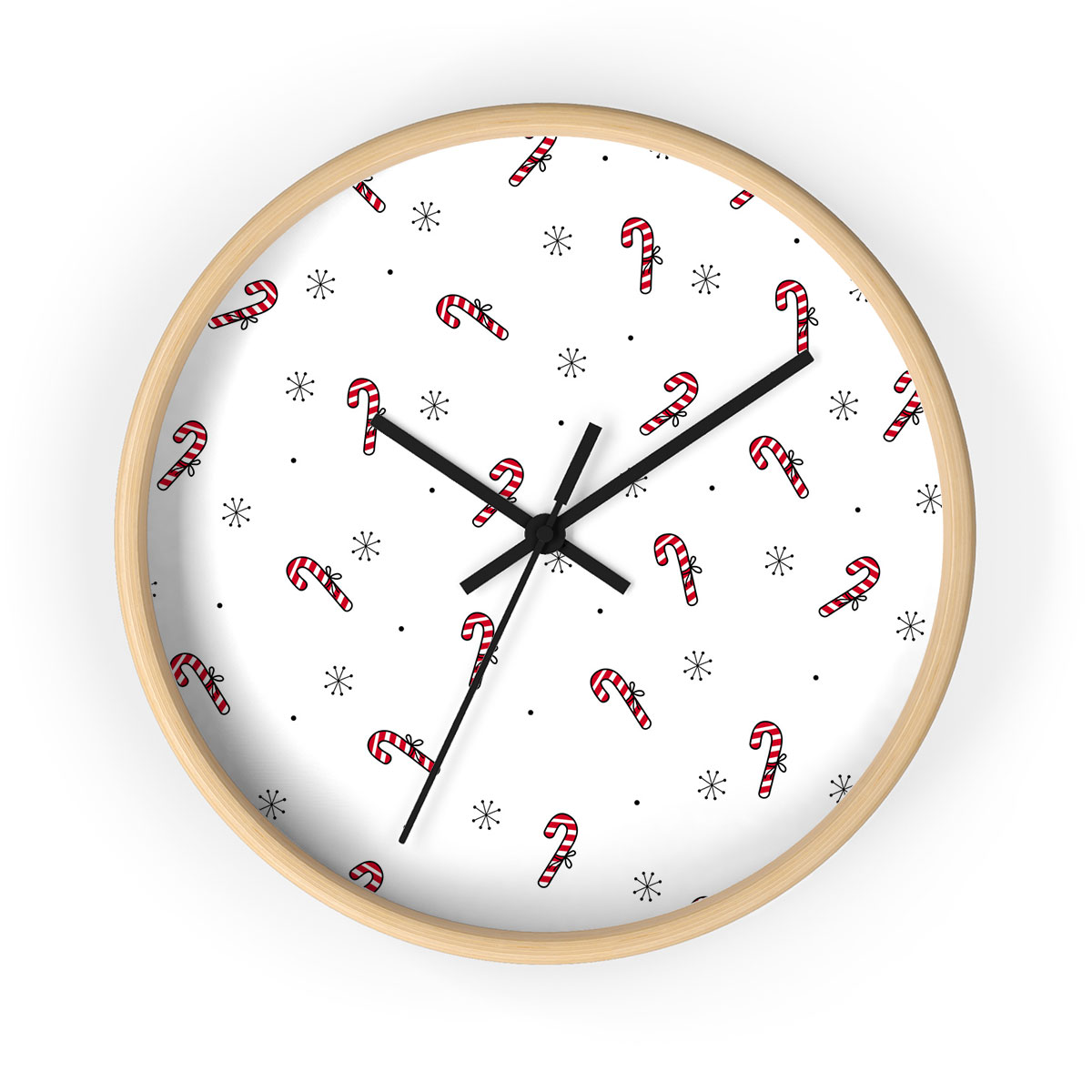 Hand Drawn Candy Canes, Snowflake Clipart Seamless White Pattern Printed Wooden Wall Clock