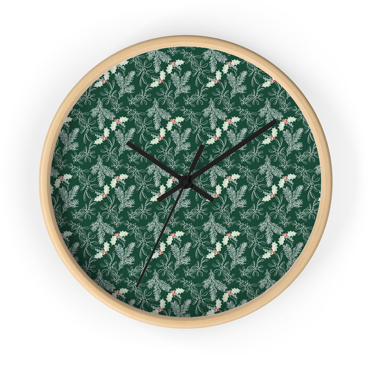 Holly Leaf, Christmas Mistletoe And Pine Tree Branche Printed Wooden Wall Clock