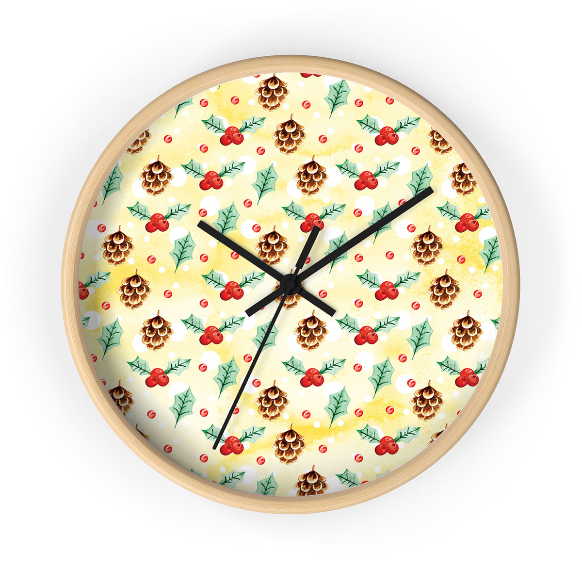 Holly Leaf, Pine Cone, Holly Berry Printed Wooden Wall Clock
