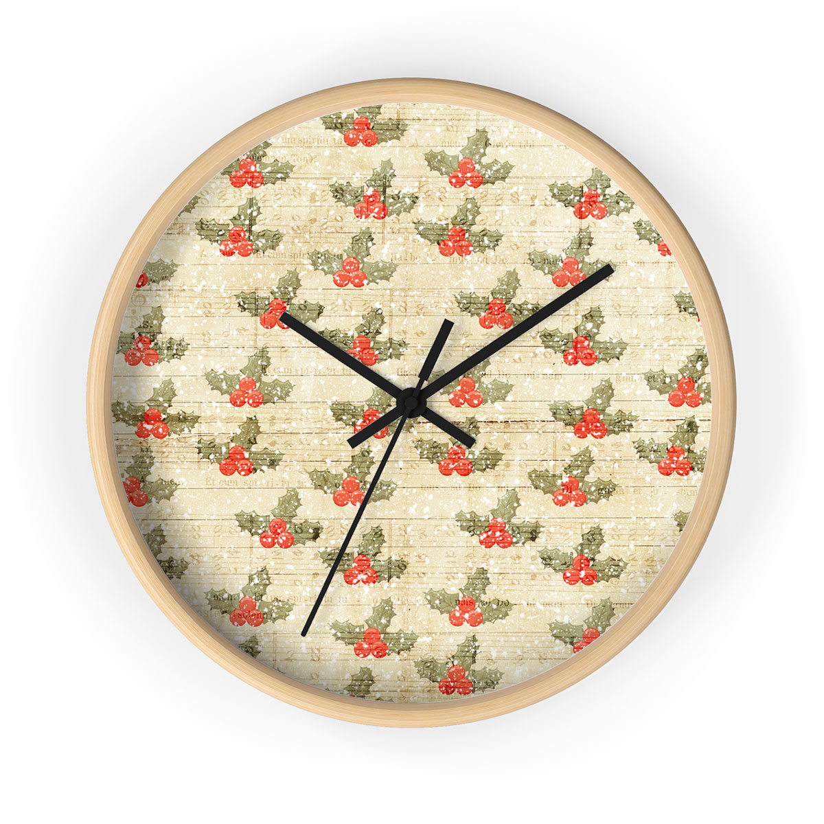 Holly Leaf On Snowflake Background Printed Wooden Wall Clock