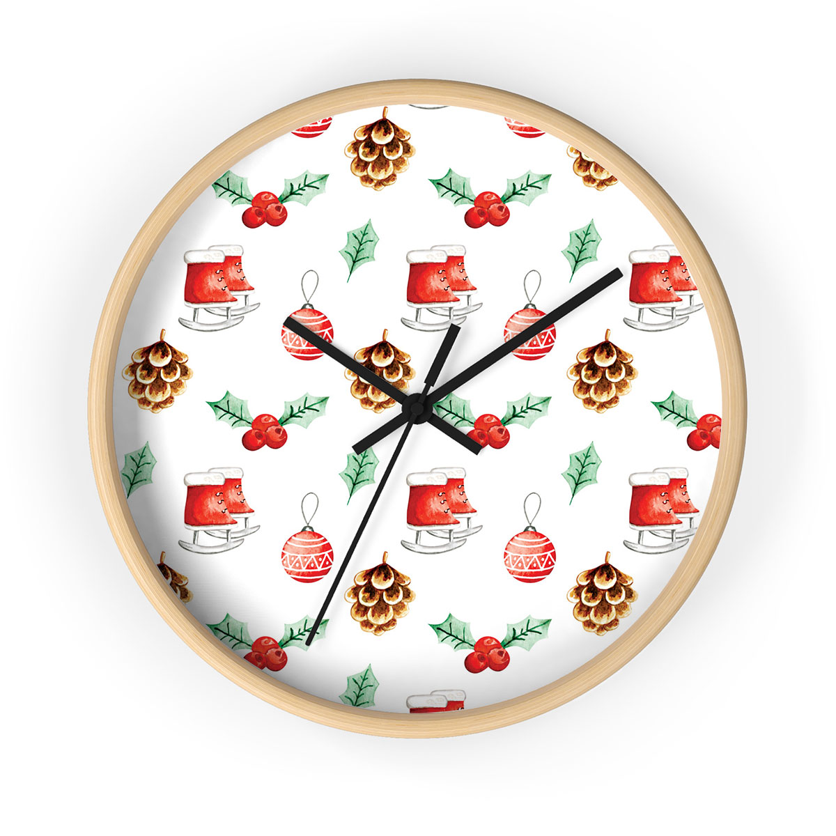 Ice Skates, Holly Leaf, Pine Cone And Christmas Baubles Printed Wooden Wall Clock