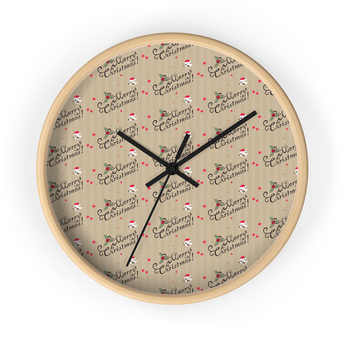 Merry Christmas With Cardinal Bird And Holly Leaf Printed Wooden Wall Clock