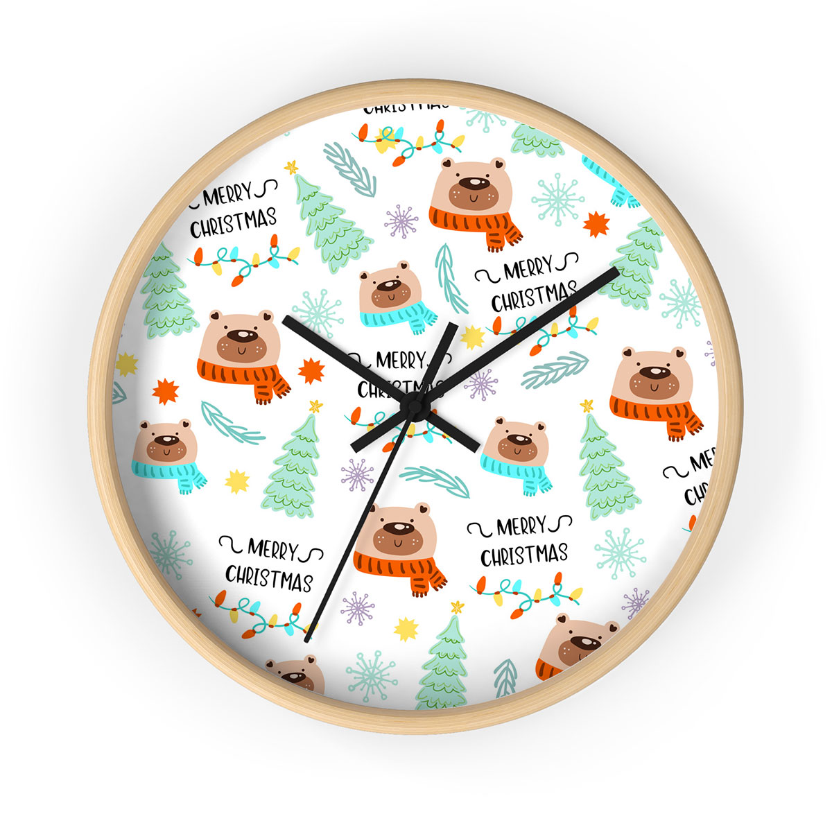 Merry Christmas With Polar Bear, Snowflake, Christmas Tree Printed Wooden Wall Clock