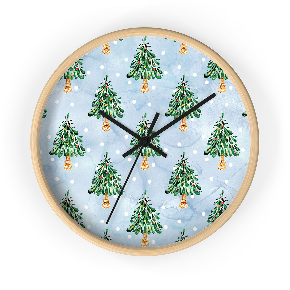Pine Tree, Christmas Tree On Snowflake Background Printed Wooden Wall Clock