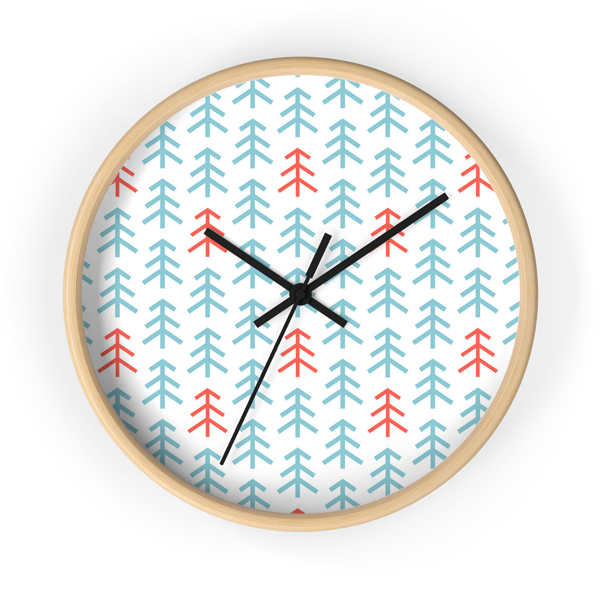 Red Blue And White Christmas Tree Printed Wooden Wall Clock