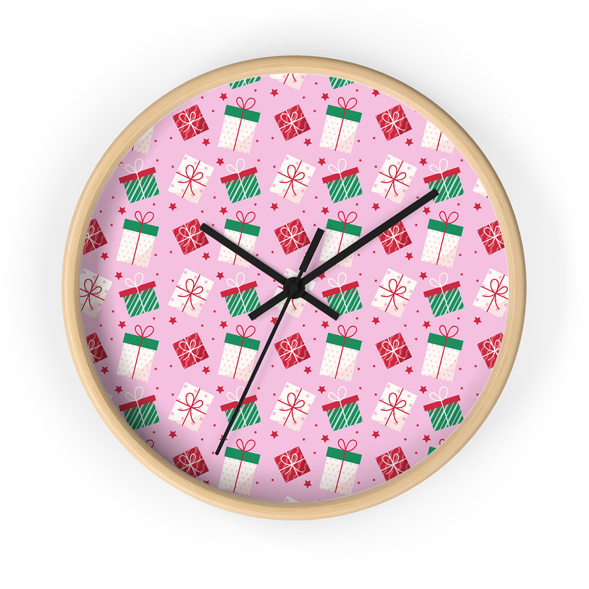 Red Green And White Christmas Gift On Pink Background Printed Wooden Wall Clock