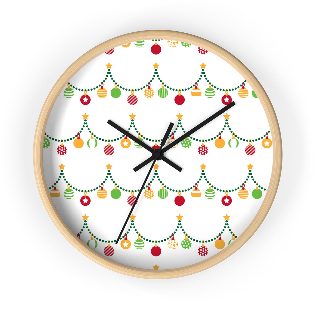 Red Green And White Christmas Light, Christmas Ball Printed Wooden Wall Clock