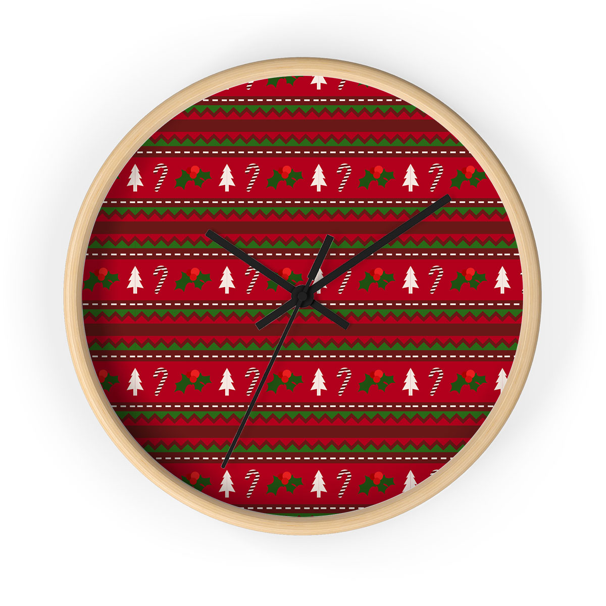 Red Green And White Christmas Tree, Holly Leaf With Candy Cane.jpg Printed Wooden Wall Clock