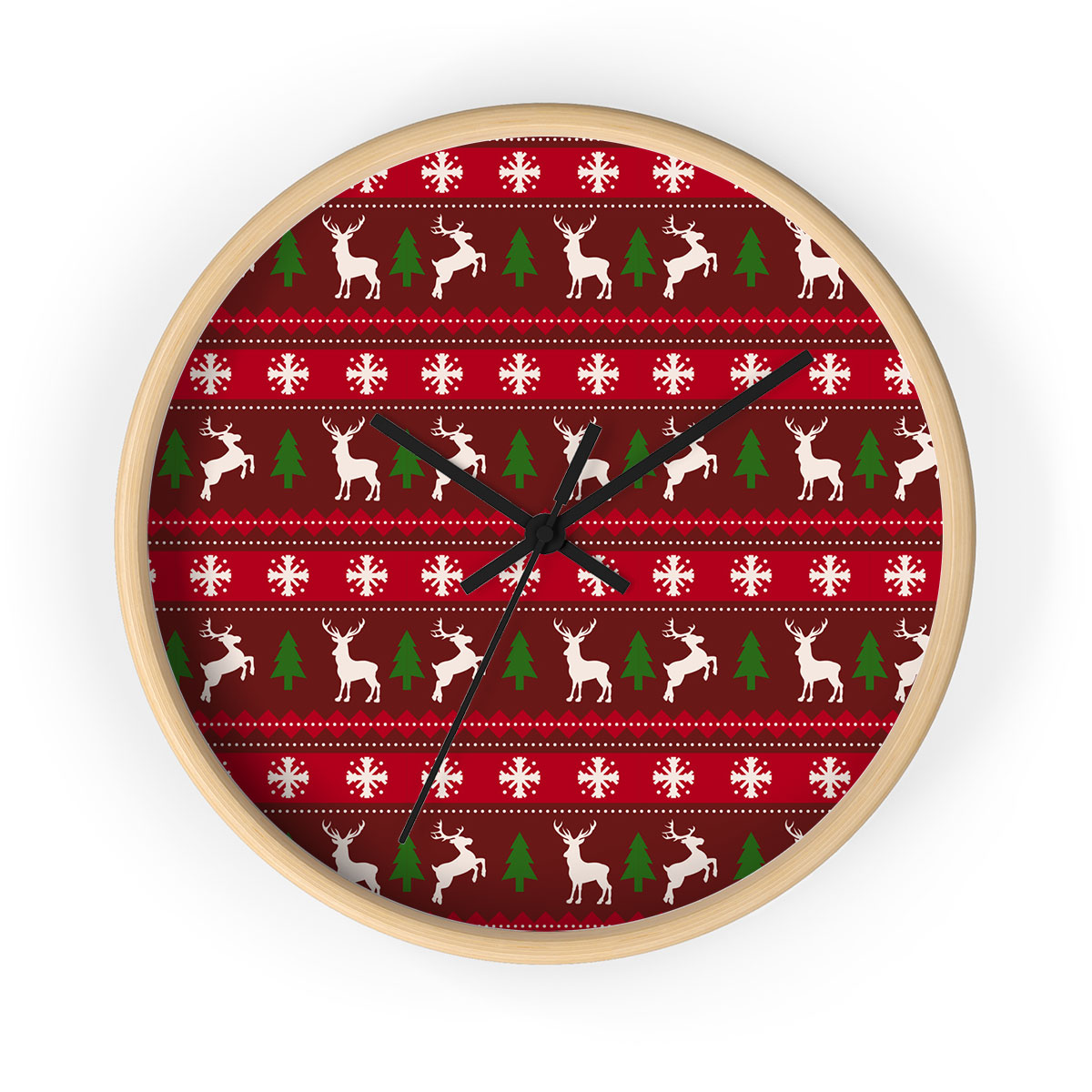 Red Green And White Christmas Tree, Reindeer With Snowflake Printed Wooden Wall Clock