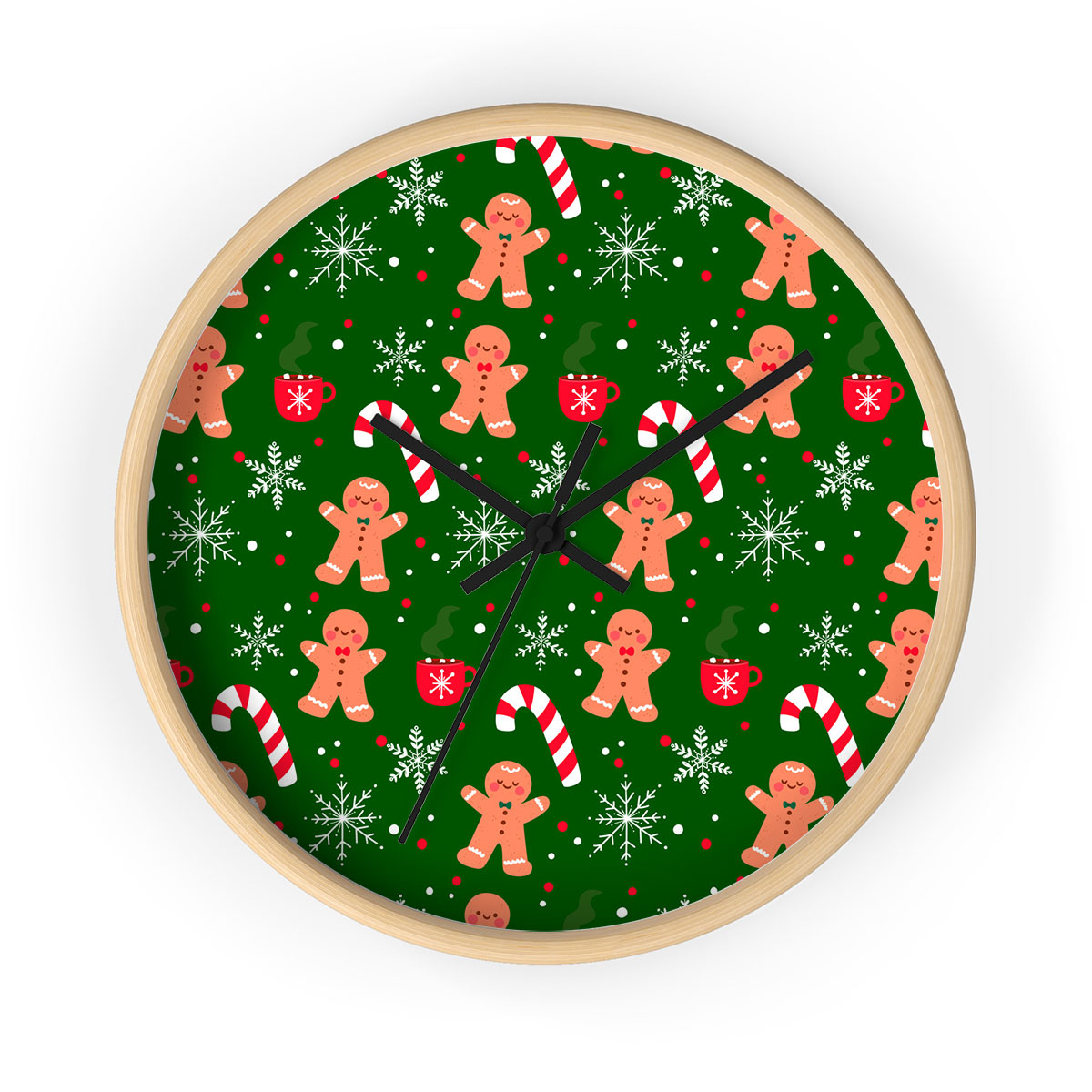 Red Green And White Gingerbread Man, Candy Cane With Snowflake Printed Wooden Wall Clock