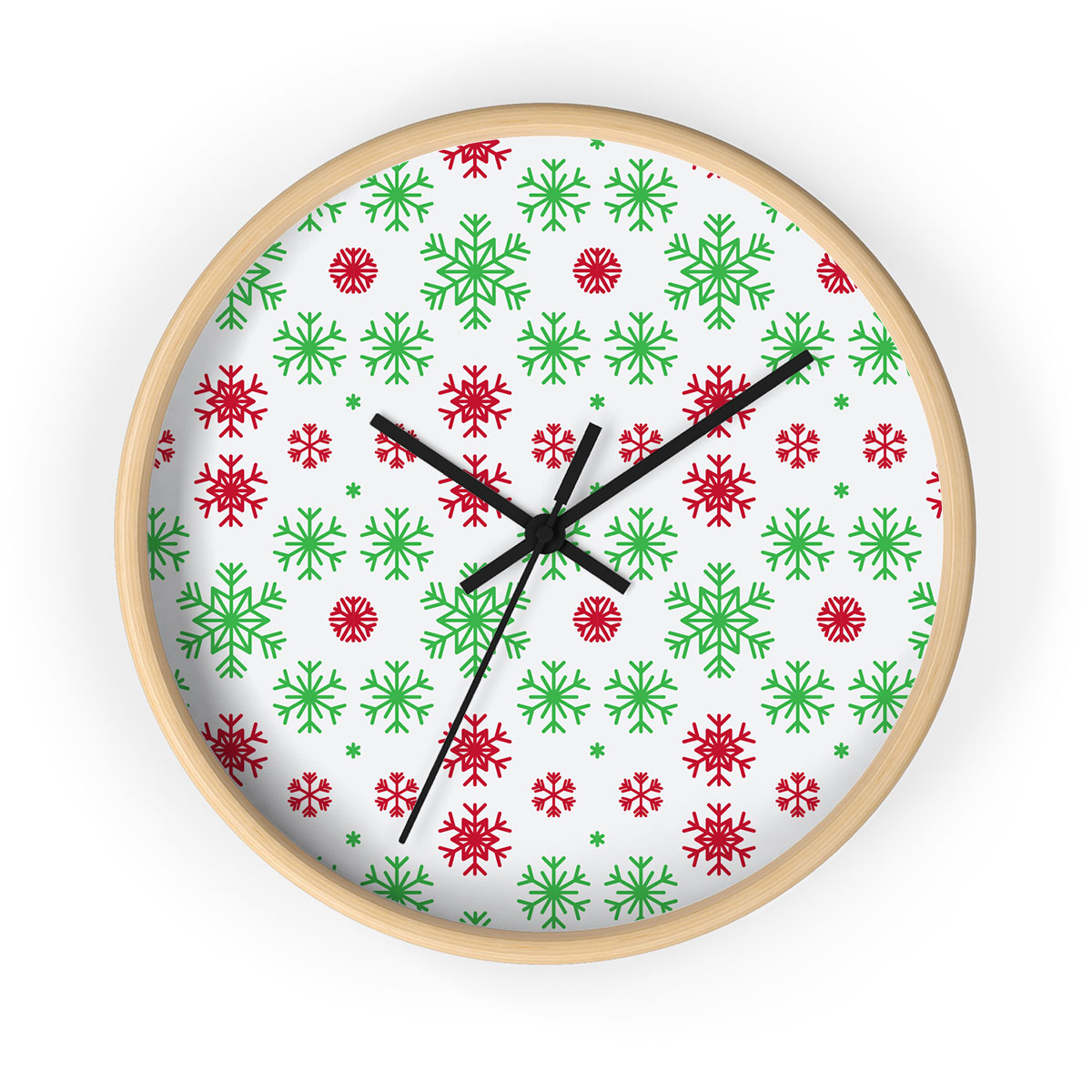 Red Green And White Snowflake Printed Wooden Wall Clock