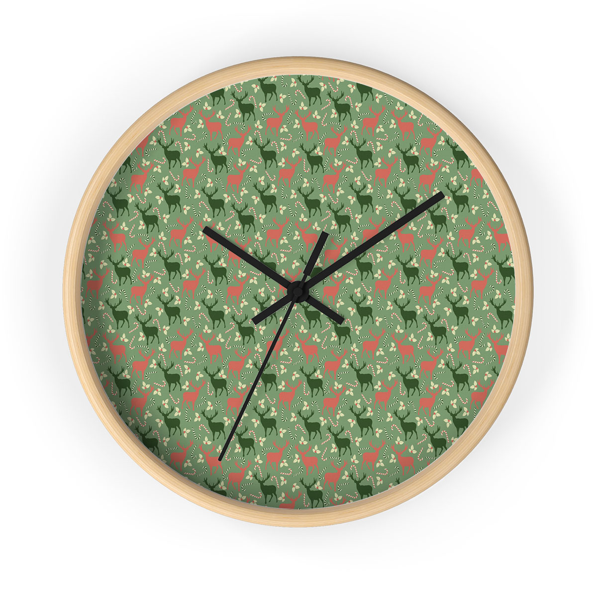 Reindeer, Christmas Flowers And Candy Canes Printed Wooden Wall Clock