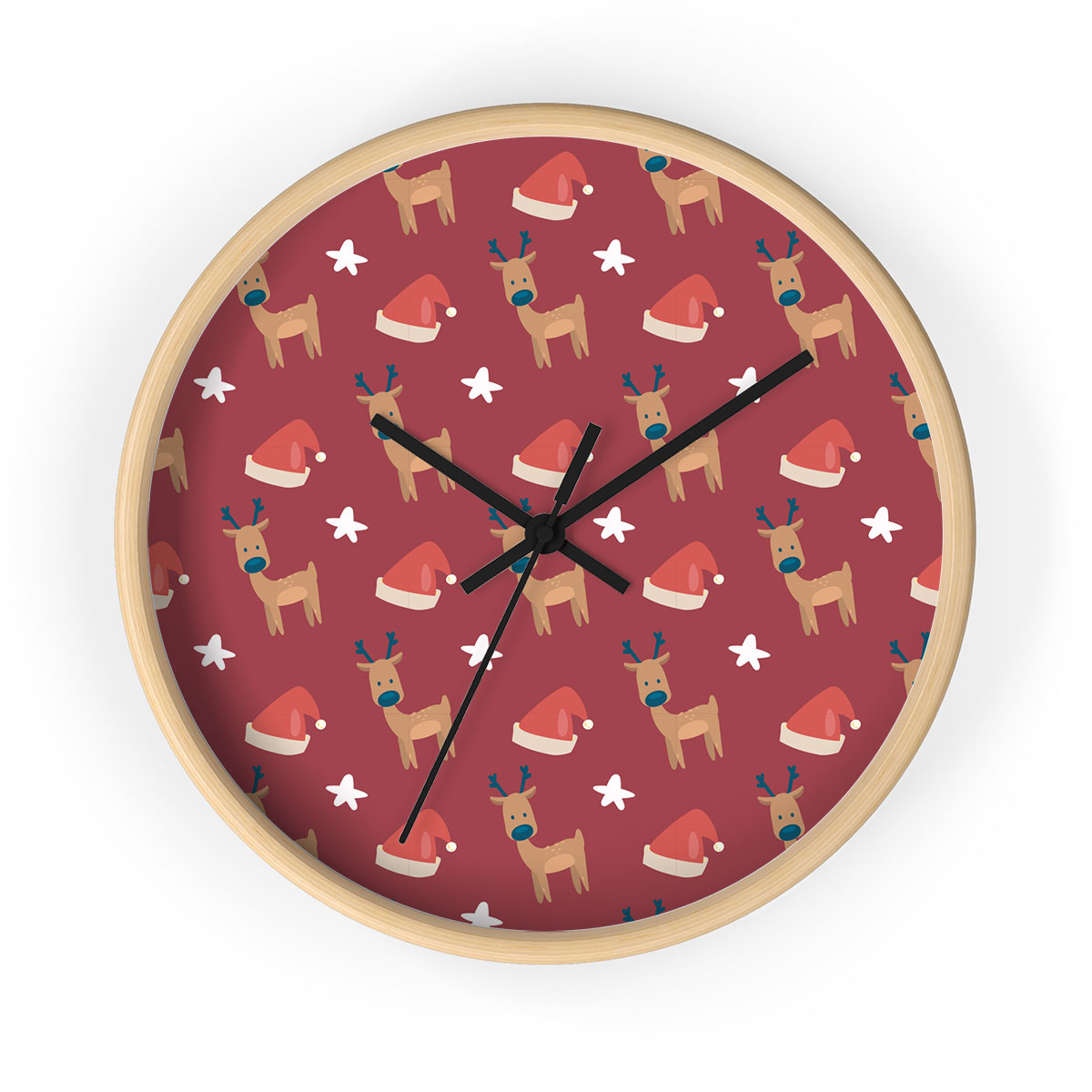 Reindeer Clipart, Santa Hat And Star Seamless Red Pattern Printed Wooden Wall Clock