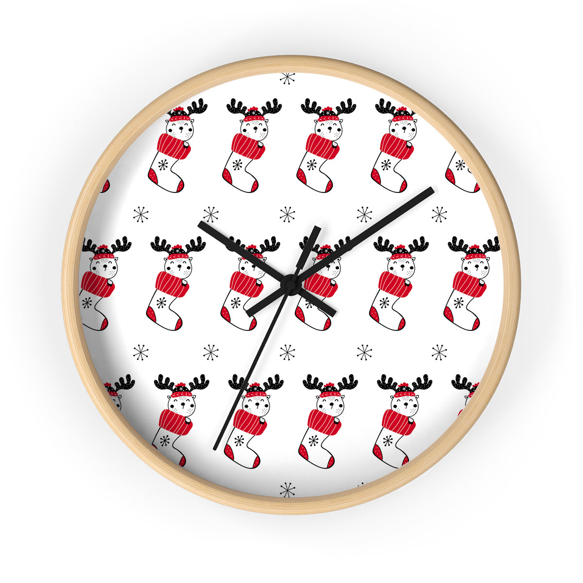 Reindeer Clipart In Hand Drawn Red Socks And Snowflake Clipart Seamless White Pattern Printed Wooden Wall Clock