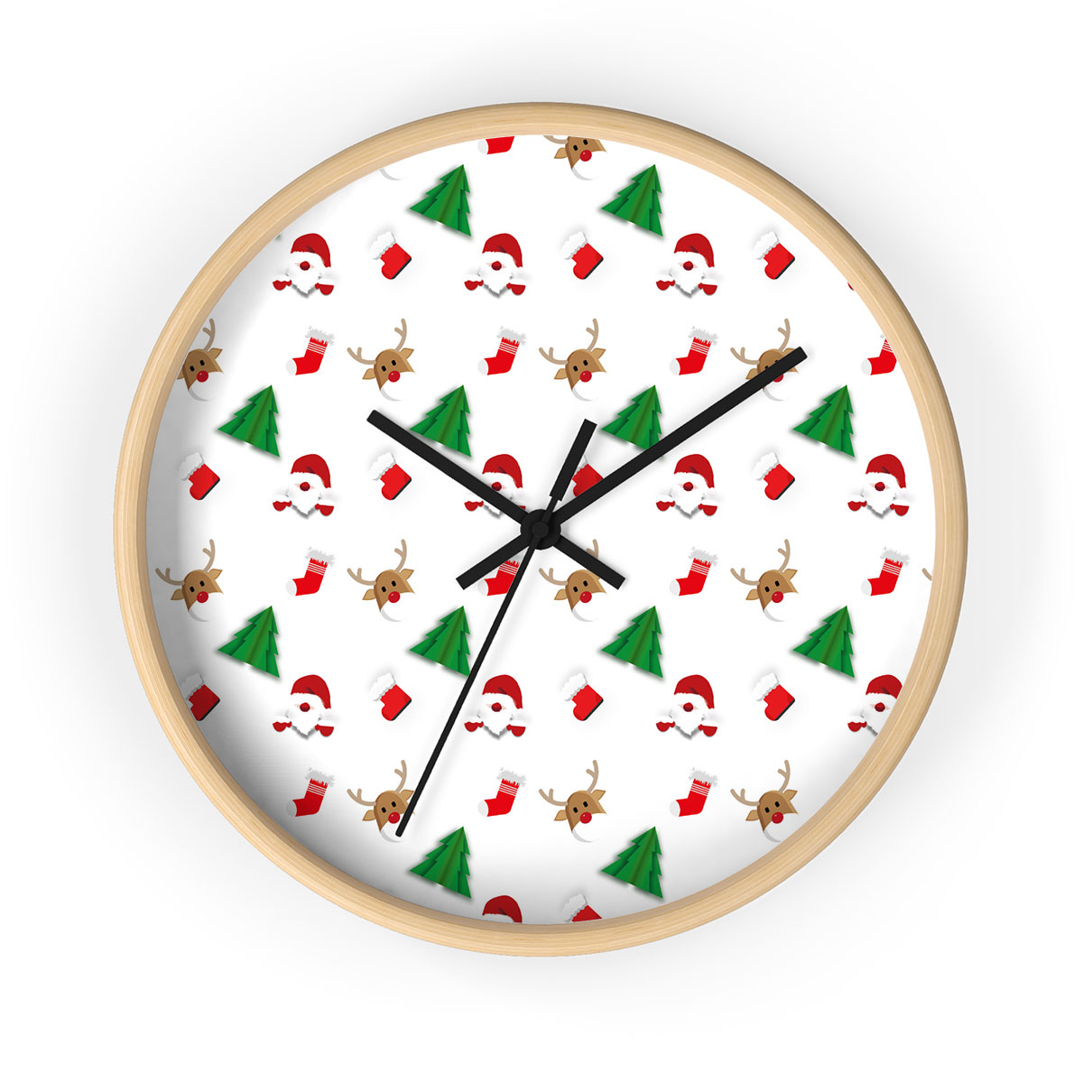 Santa Claus, Pine Tree Silhouette, Christmas Reindeer And Red Socks Seamless Pattern Printed Wooden Wall Clock