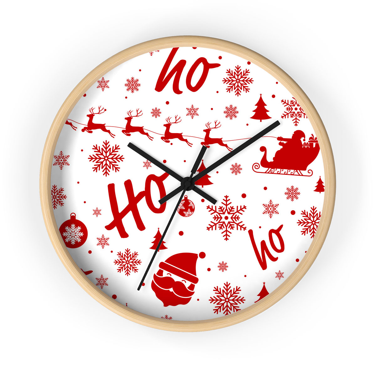 Santa Claus, Santas Reindeer And Christmas Sleigh On The Snowflake Background Printed Wooden Wall Clock