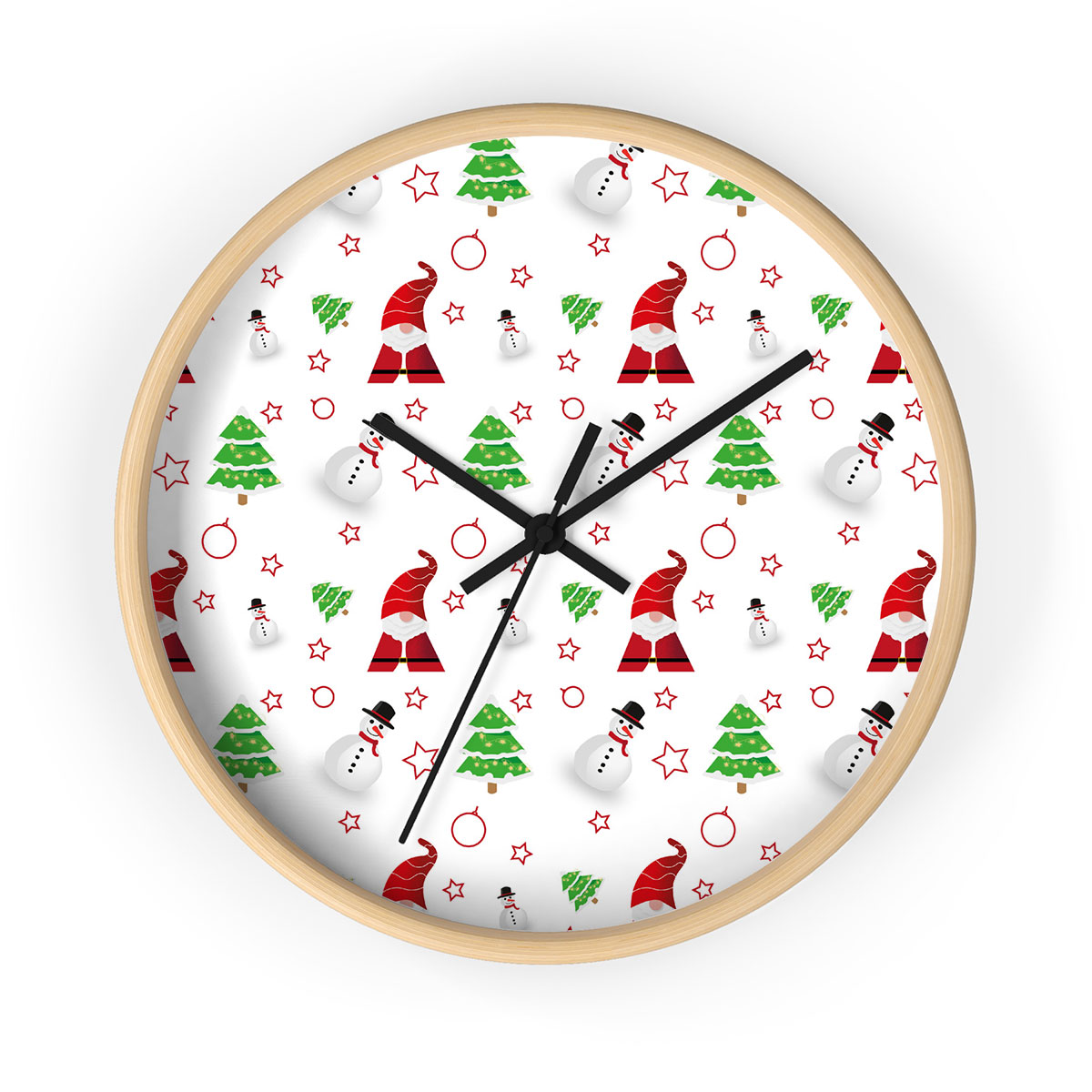 Santa Claus, Snowman Clipart And Pine Tree Silhouette Seamless Pattern Printed Wooden Wall Clock