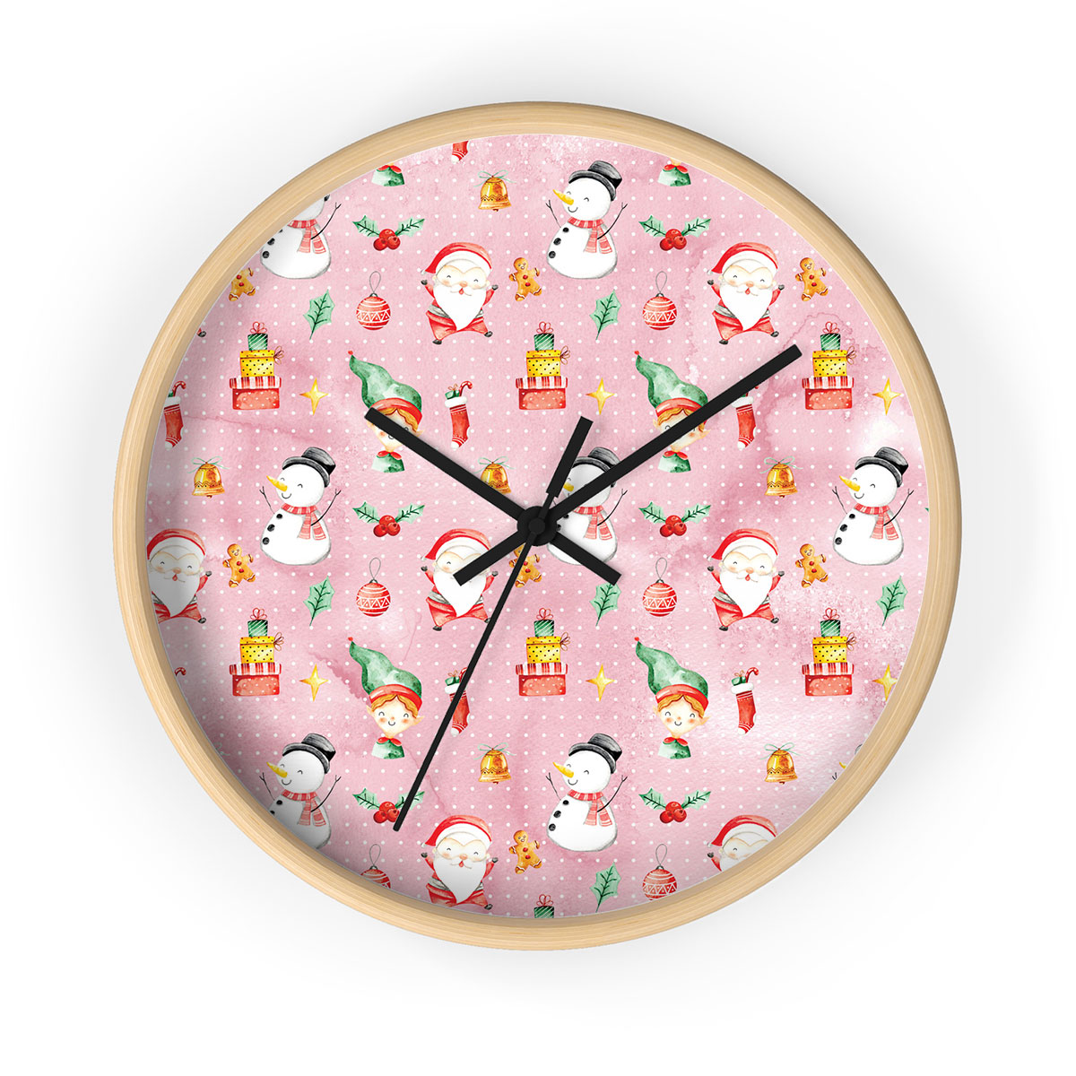 Santa Clause, Snowman And Christmas Elf With Christmas Gifts Printed Wooden Wall Clock