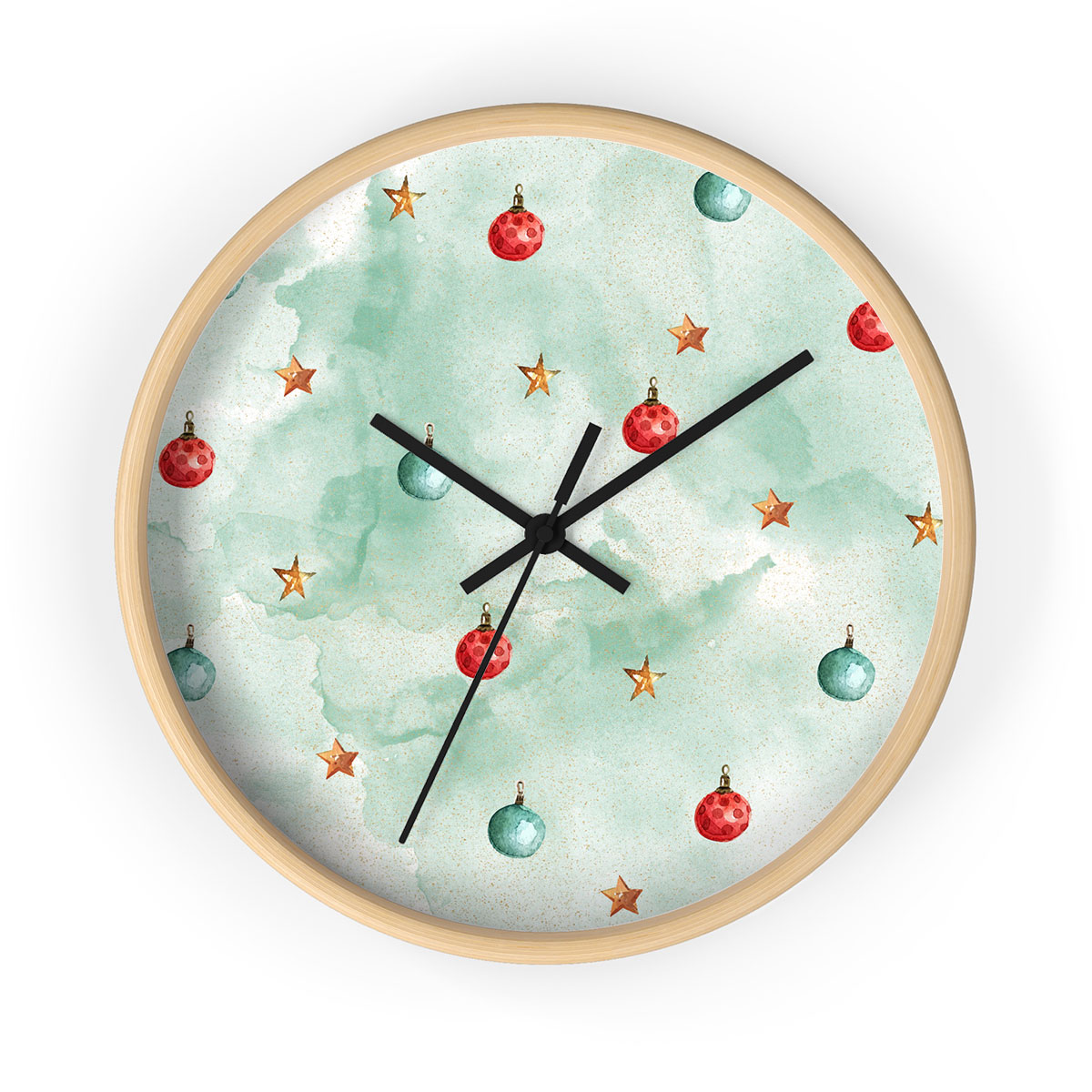 Watercolor Christmas Balls And Stars Pattern Printed Wooden Wall Clock