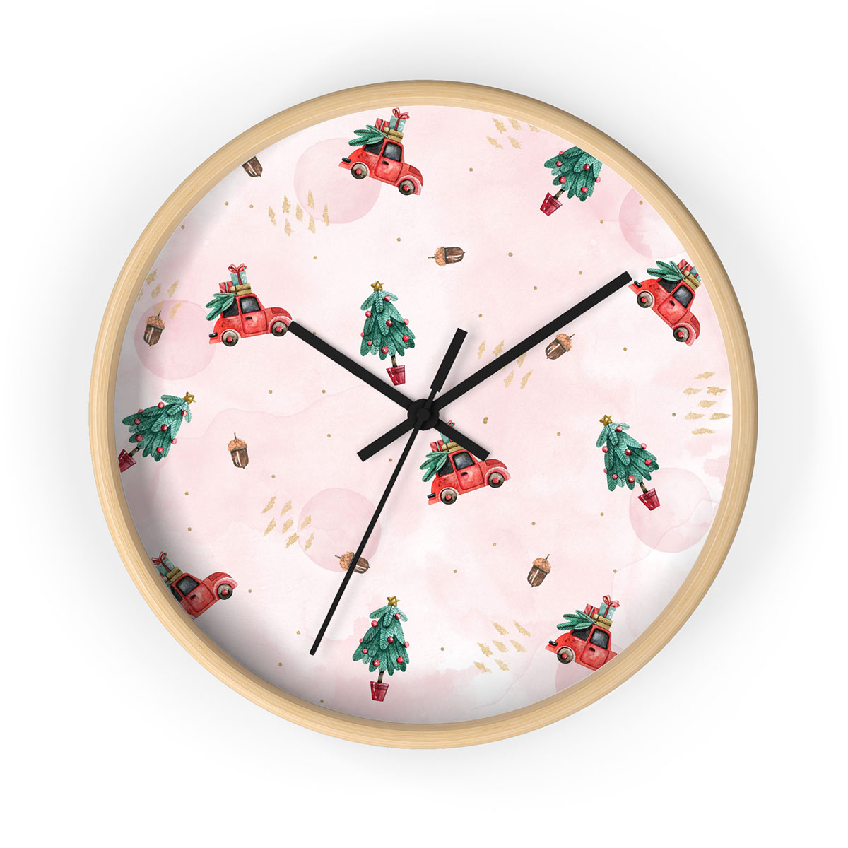 Watercolor Christmas Car With Gifts And Acorns Pink Pattern Printed Wooden Wall Clock