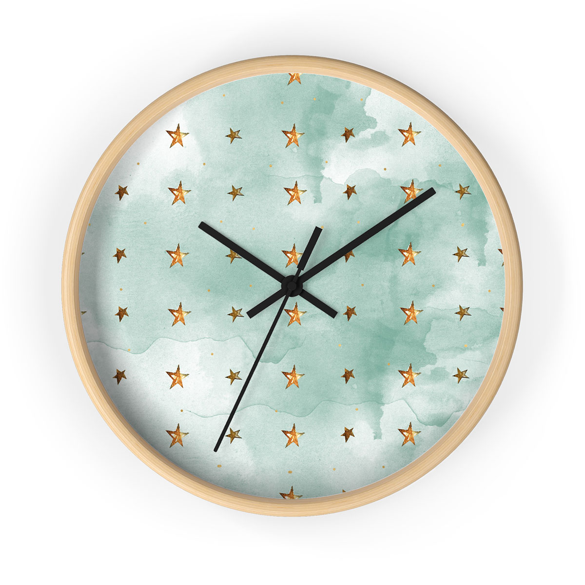 Watercolor Gold Christmas Star Pattern Printed Wooden Wall Clock