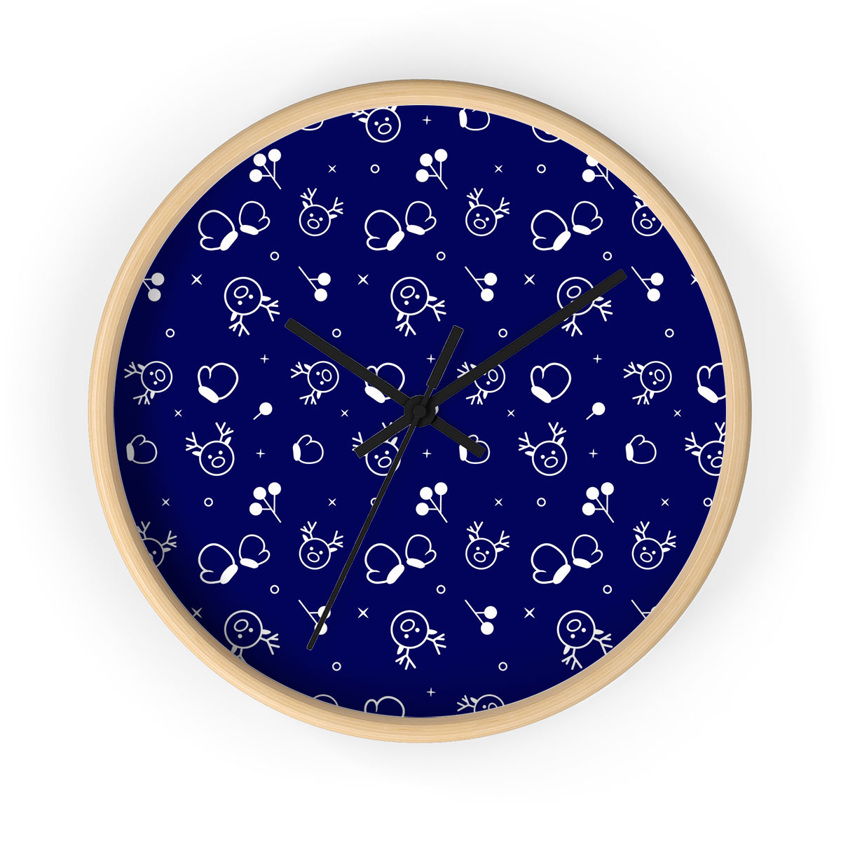 White And Blue Christmas Gloves And Reindeer Printed Wooden Wall Clock