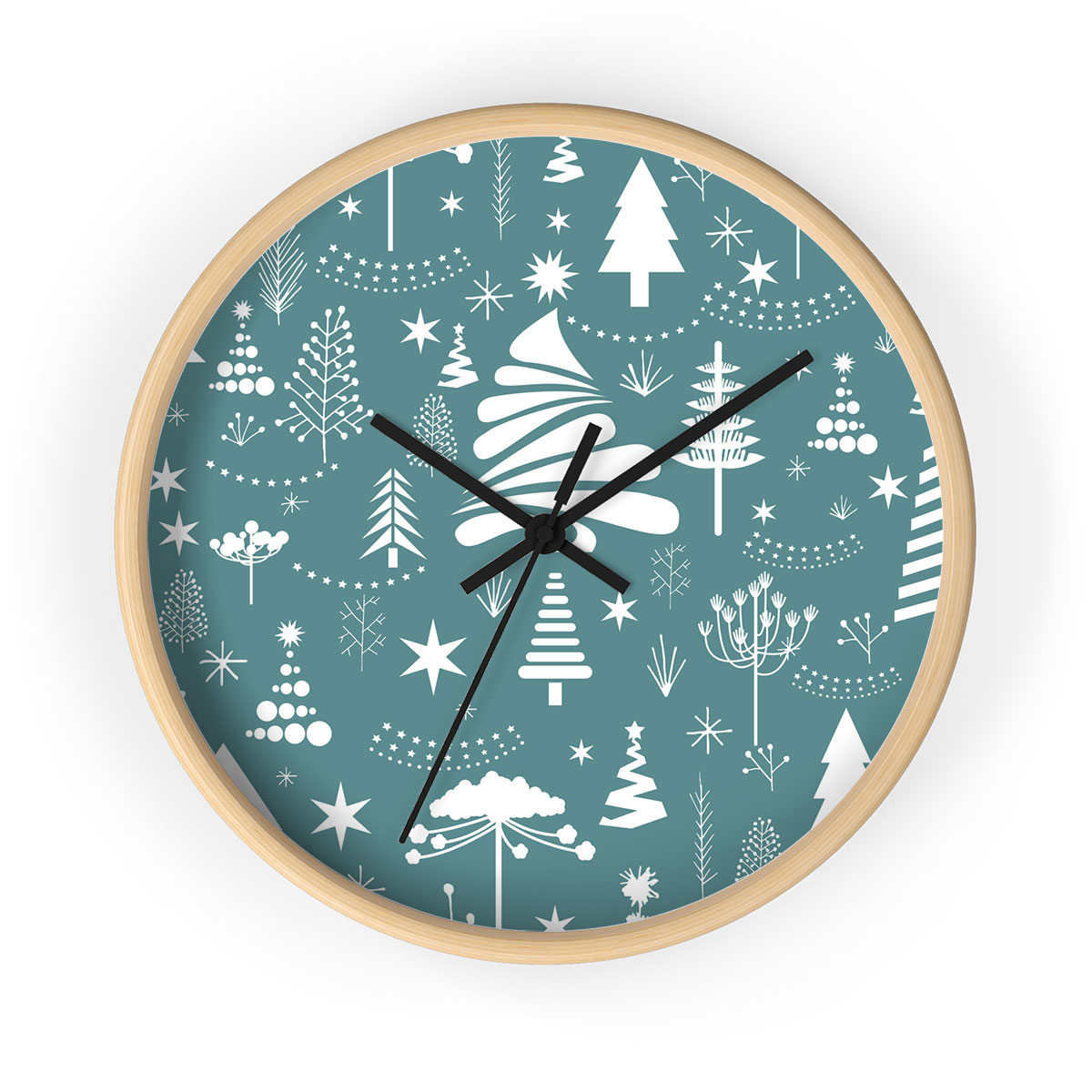 White And Blue Pine Tree Silhouette Pattern Printed Wooden Wall Clock
