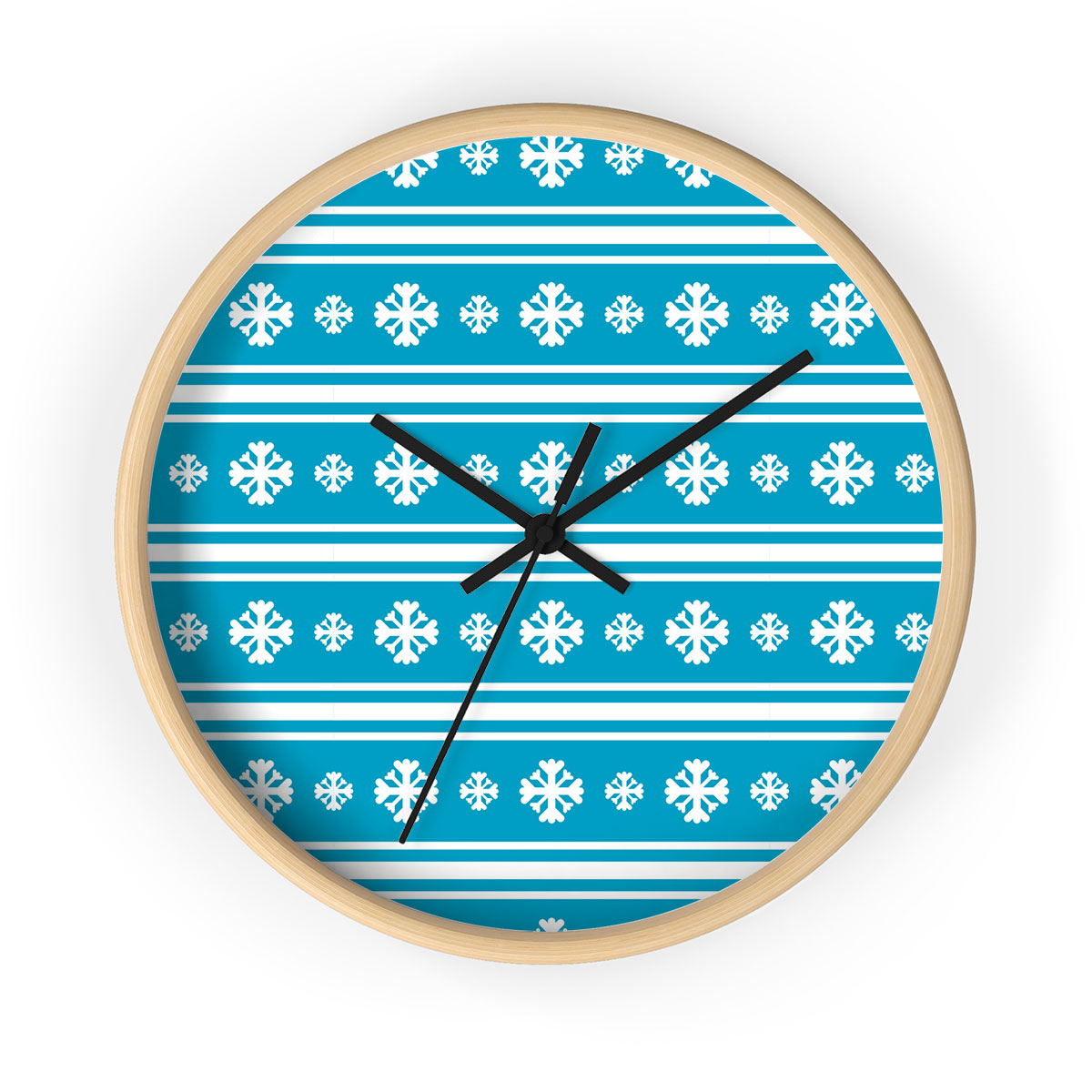 White And Blue Snowflake Christmas Printed Wooden Wall Clock