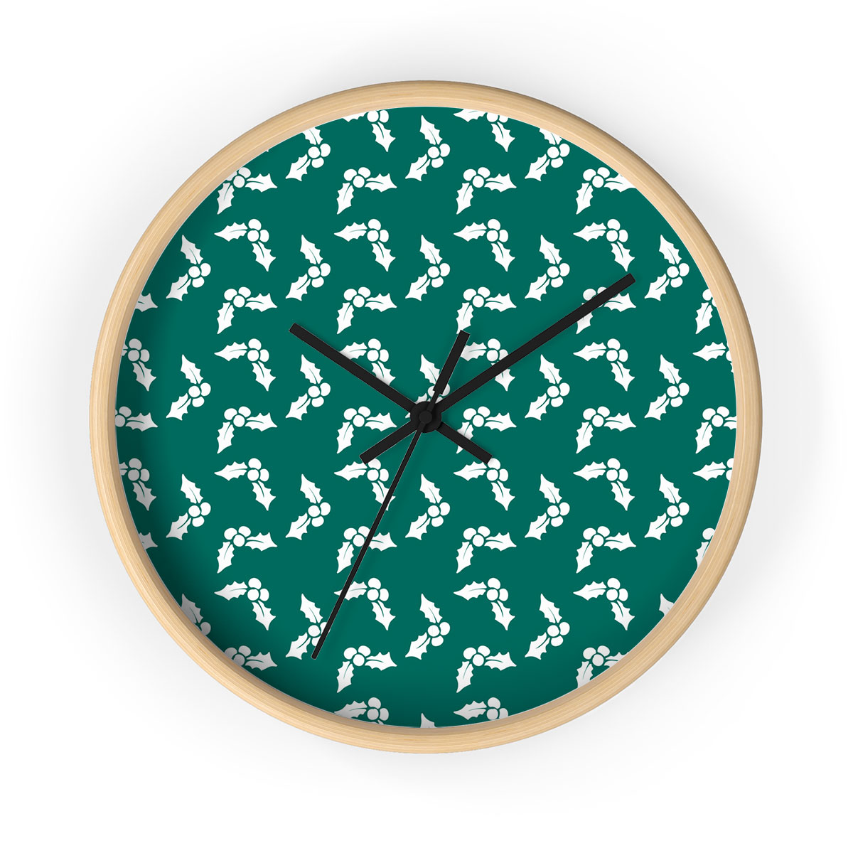 White And Dark Green Holly Leaf Christmas Printed Wooden Wall Clock