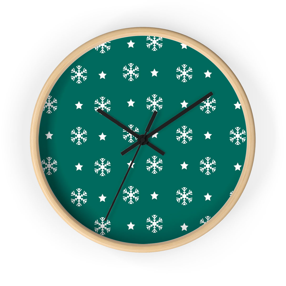White And Dark Green Snowflake With Christmas Star Printed Wooden Wall Clock