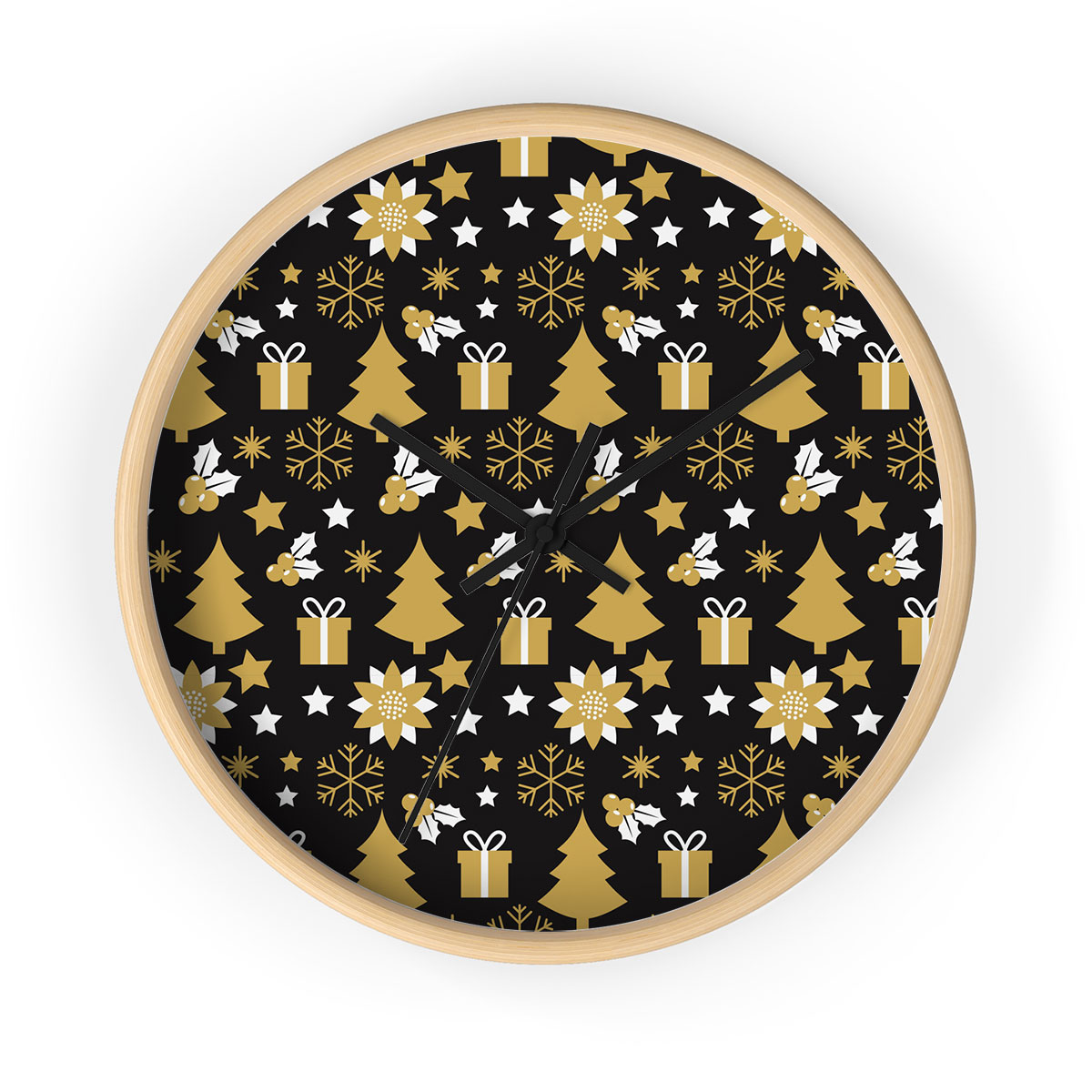 White And Gold Christmas Gift, Christmas Tree, Snowflake On Black Background Printed Wooden Wall Clock
