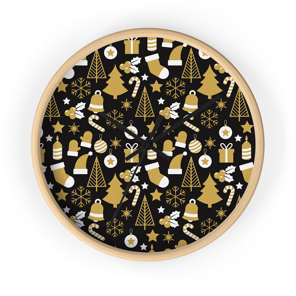 White And Gold Christmas Socks, Christmas Tree, Candy Cane On Black Background Printed Wooden Wall Clock