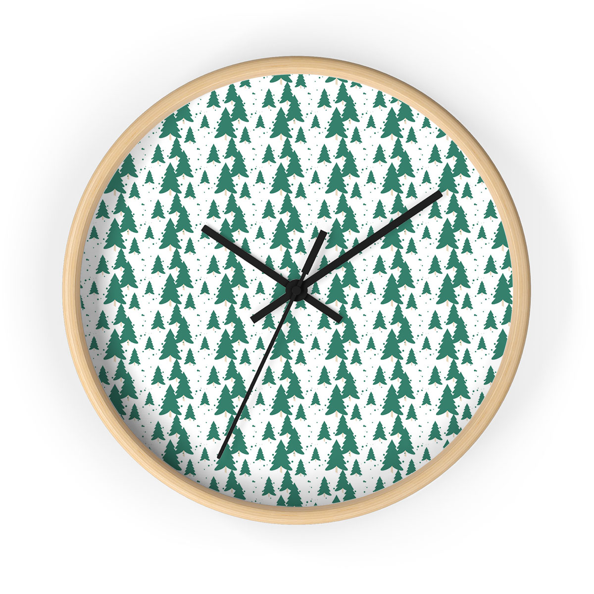 White And Green Christmas Tree Printed Wooden Wall Clock