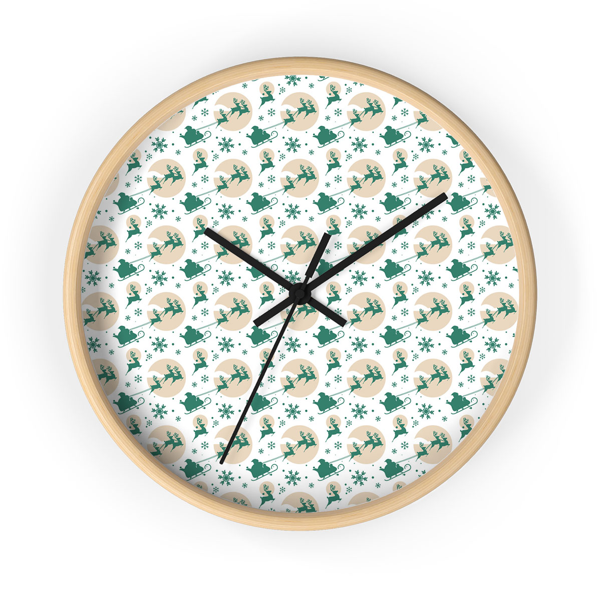 White And Green Santa Sleigh With Snowflake Printed Wooden Wall Clock