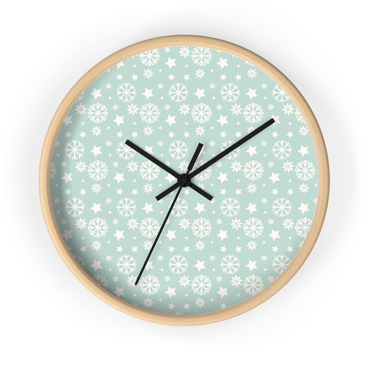 White And Light Green Snowflake And Christmas Stars Printed Wooden Wall Clock