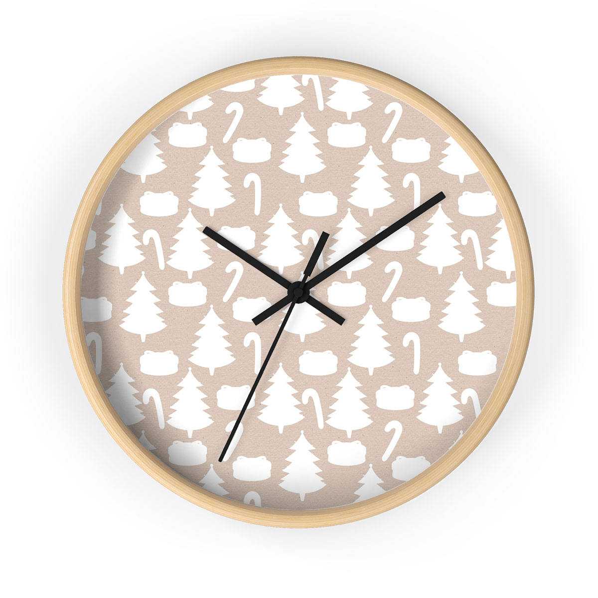 White Christmas Tree, Candy Cane On Beige Nude Background Printed Wooden Wall Clock