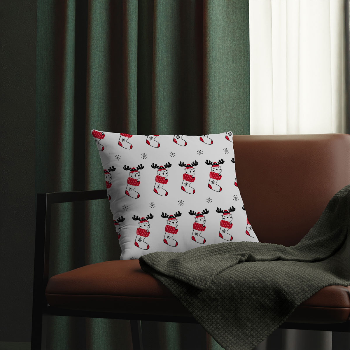 Reindeer Clipart In Hand Drawn Red Socks And Snowflake Clipart Seamless White Pattern Waterproof Pillows