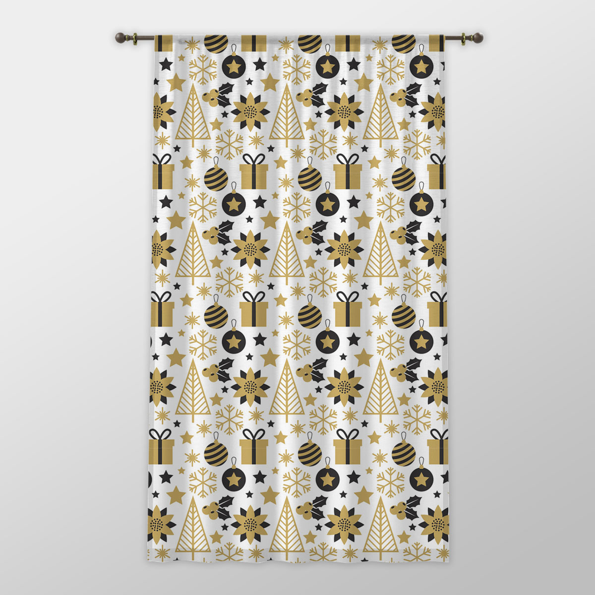 Black And Gold Christmas Gift, Holly Leaf, Snowflake On White Background One-side Printed Window Curtain