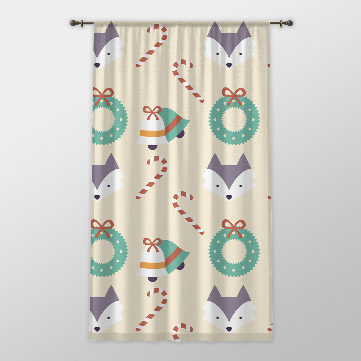 Christmas Bell, Candy Cane On Light Yellow Background One-side Printed Window Curtain