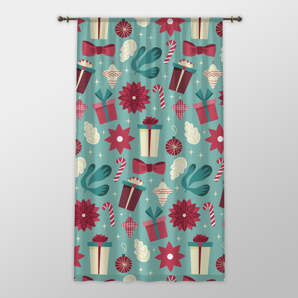 Christmas Gift, Candy Cane On Blue Background One-side Printed Window Curtain