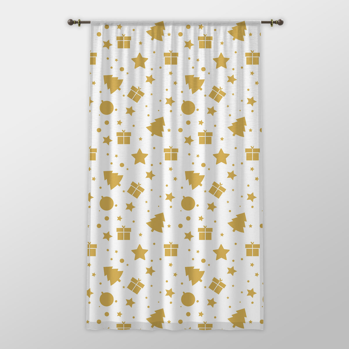 Christmas Gifts, Baudles And Pine Tree Silhouette Filled In Gold Color Pattern One-side Printed Window Curtain