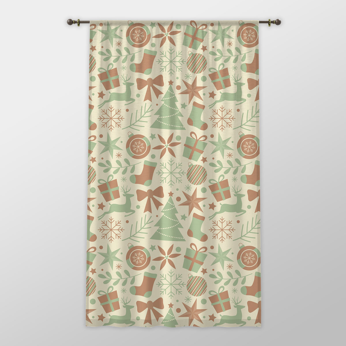 Christmas Gifts, Pine Tree and Red Socks On The Snowflake Background One-side Printed Window Curtain