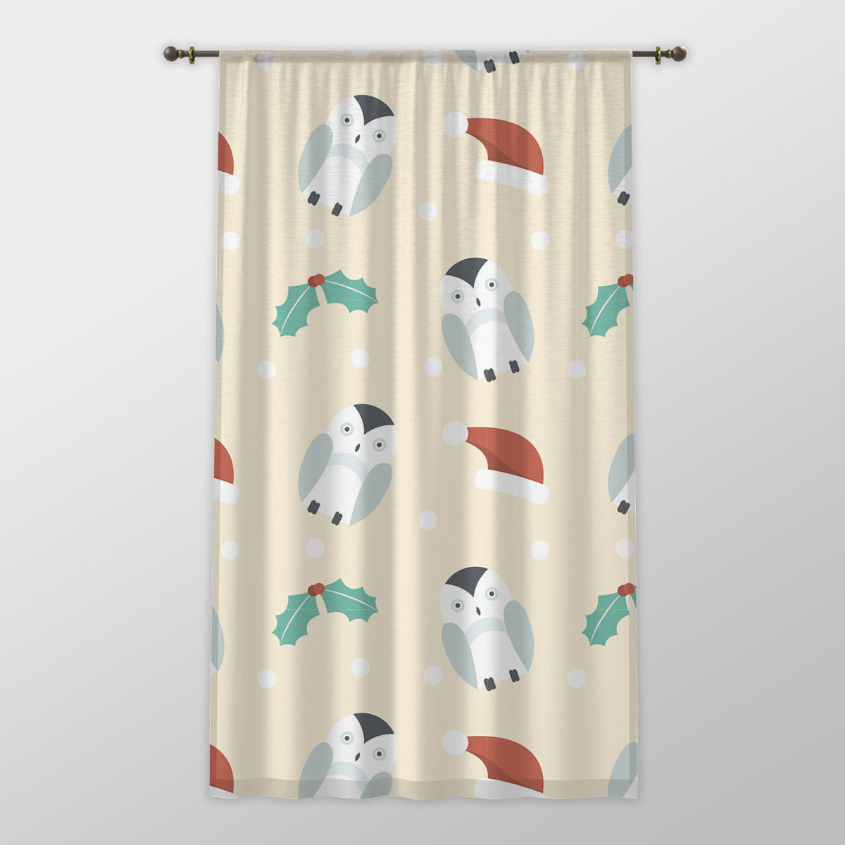 Christmas Penguins, Holly Leaf On Light Yellow Background One-side Printed Window Curtain
