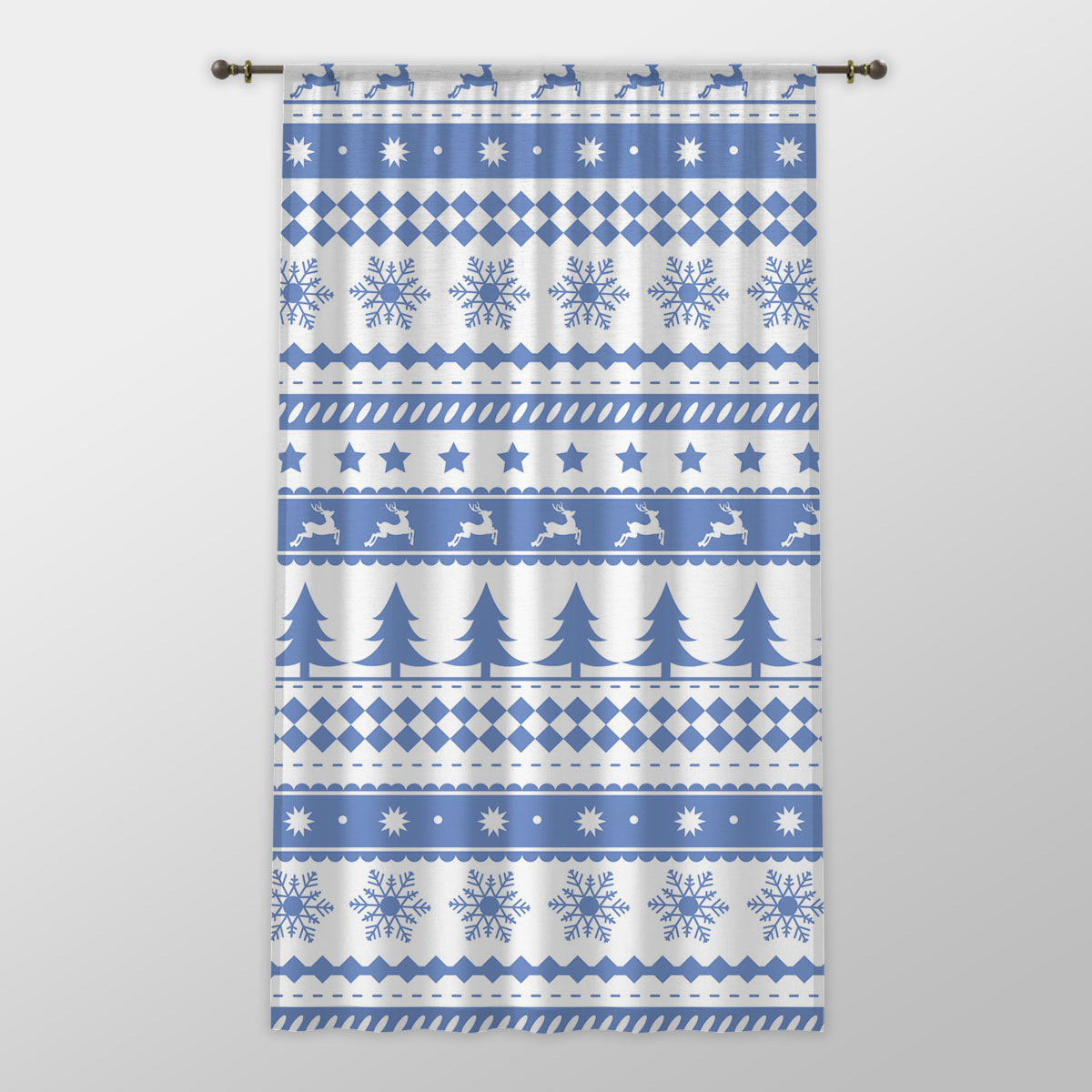 Christmas Pine Tree Silhouette, Reindeer And Snowflake Seamless Blue Pattern One-side Printed Window Curtain