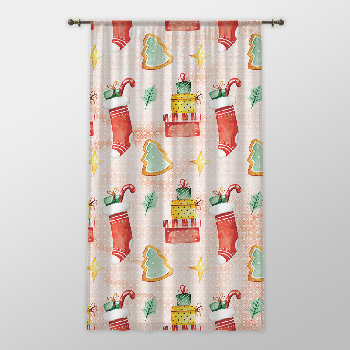 Gingerbread, Christmas Tree, Red Socks With Candy Canes One-side Printed Window Curtain