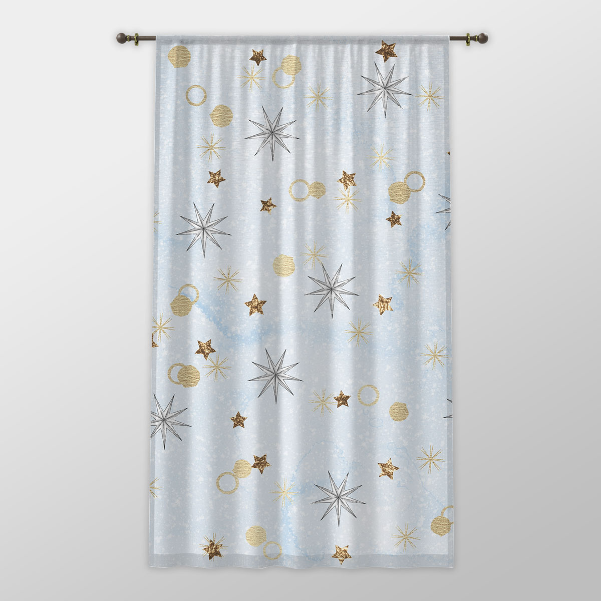 Gold Christmas Star On Snowflake Background One-side Printed Window Curtain
