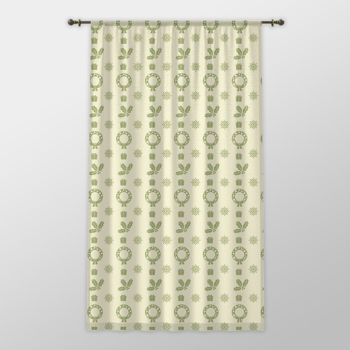 Green And Yellow Christmas Gift, Holly Leaf With Snowflake One-side Printed Window Curtain
