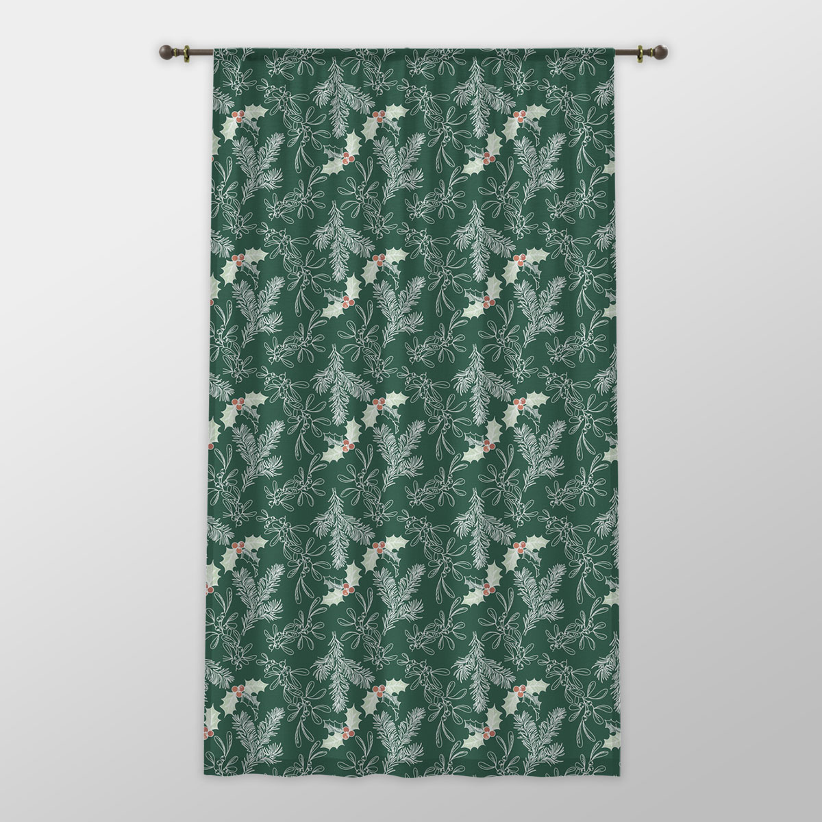 Holly Leaf, Christmas Mistletoe And Pine Tree Branche One-side Printed Window Curtain