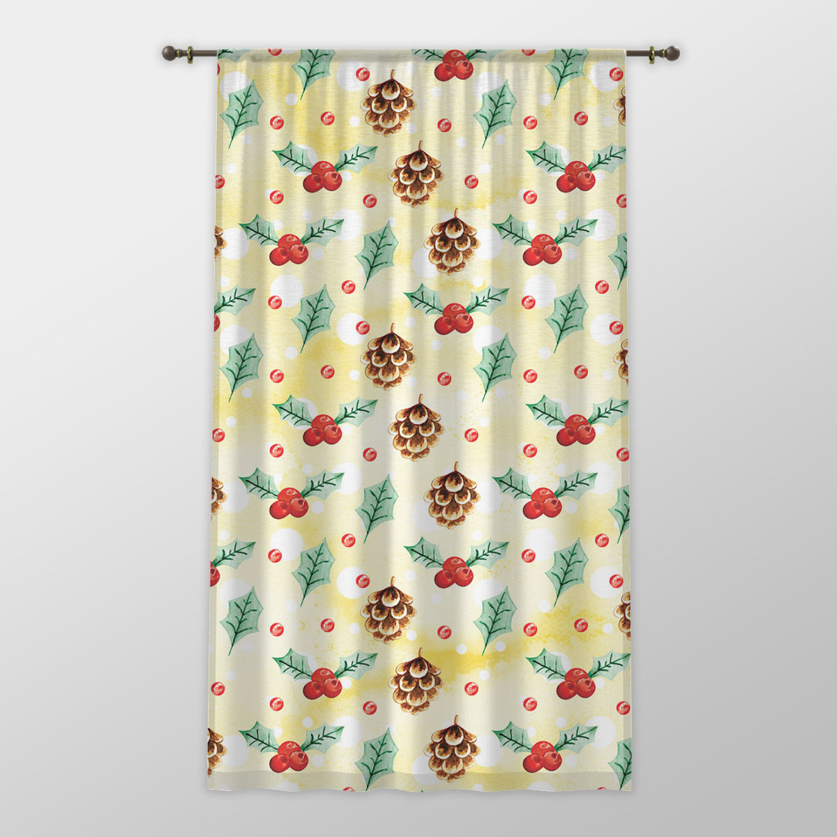 Holly Leaf, Pine Cone, Holly Berry One-side Printed Window Curtain