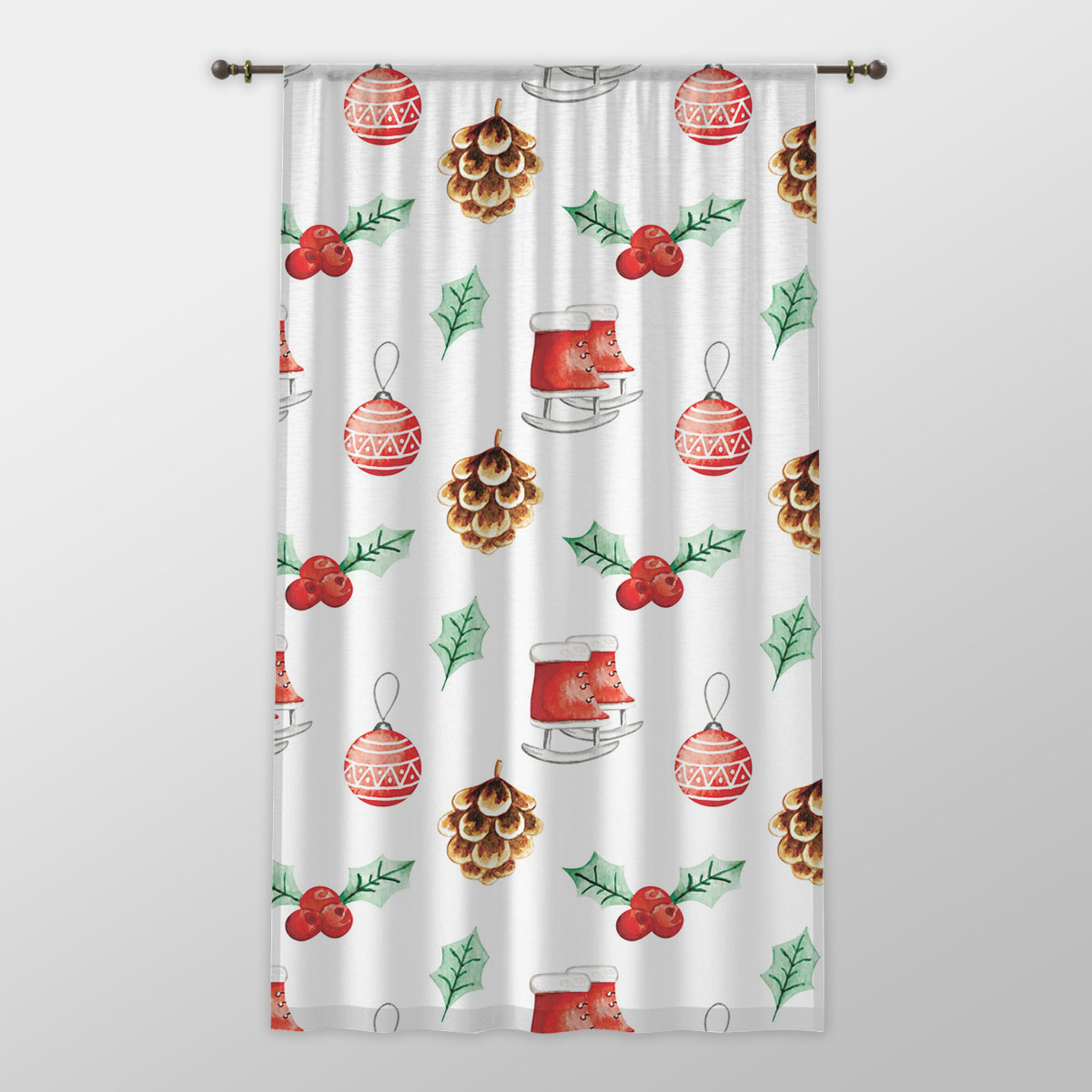 Ice Skates, Holly Leaf, Pine Cone And Christmas Baubles One-side Printed Window Curtain